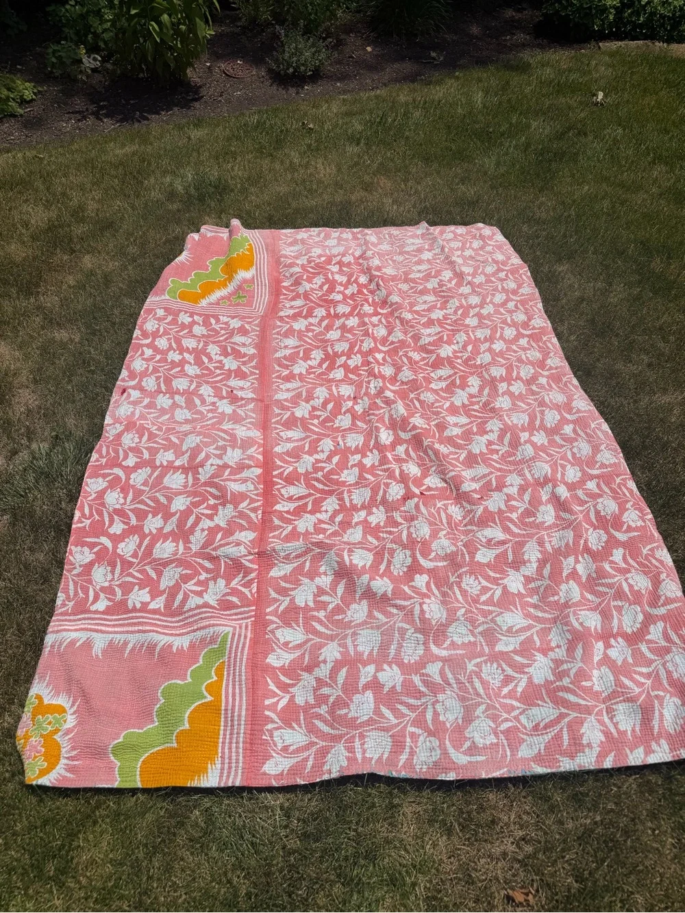 Green Floral Kantha Throw with Pink & Cream Accents